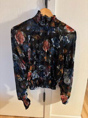 H&M Sheer Floral Blouse | Victorian High Neck Smocked Chiffon Top Romantic Retro